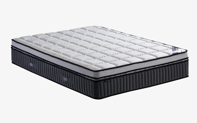 Superior mattress with quilted white top and black edge border, thick profile